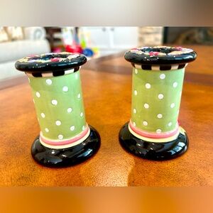 Mary Englebreit  inspired ceramic Green and Black Polka Dot taper 3 in